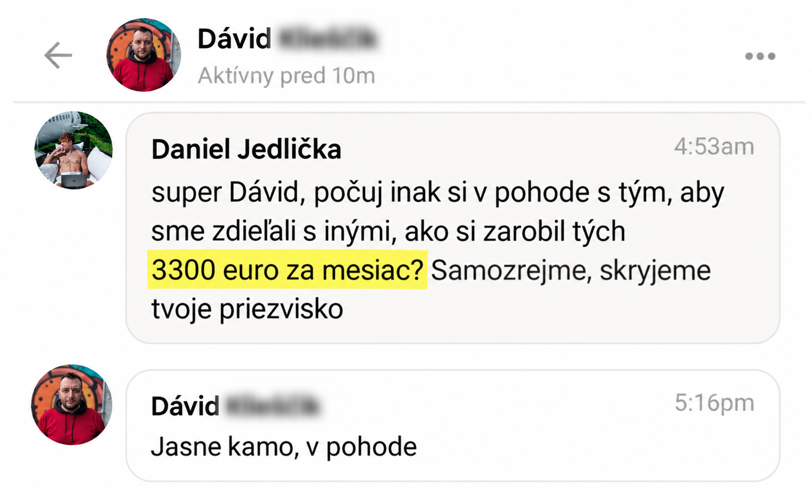 Konverzácia Daniela s Dávidom o výsledku 3300 euro za mesiac